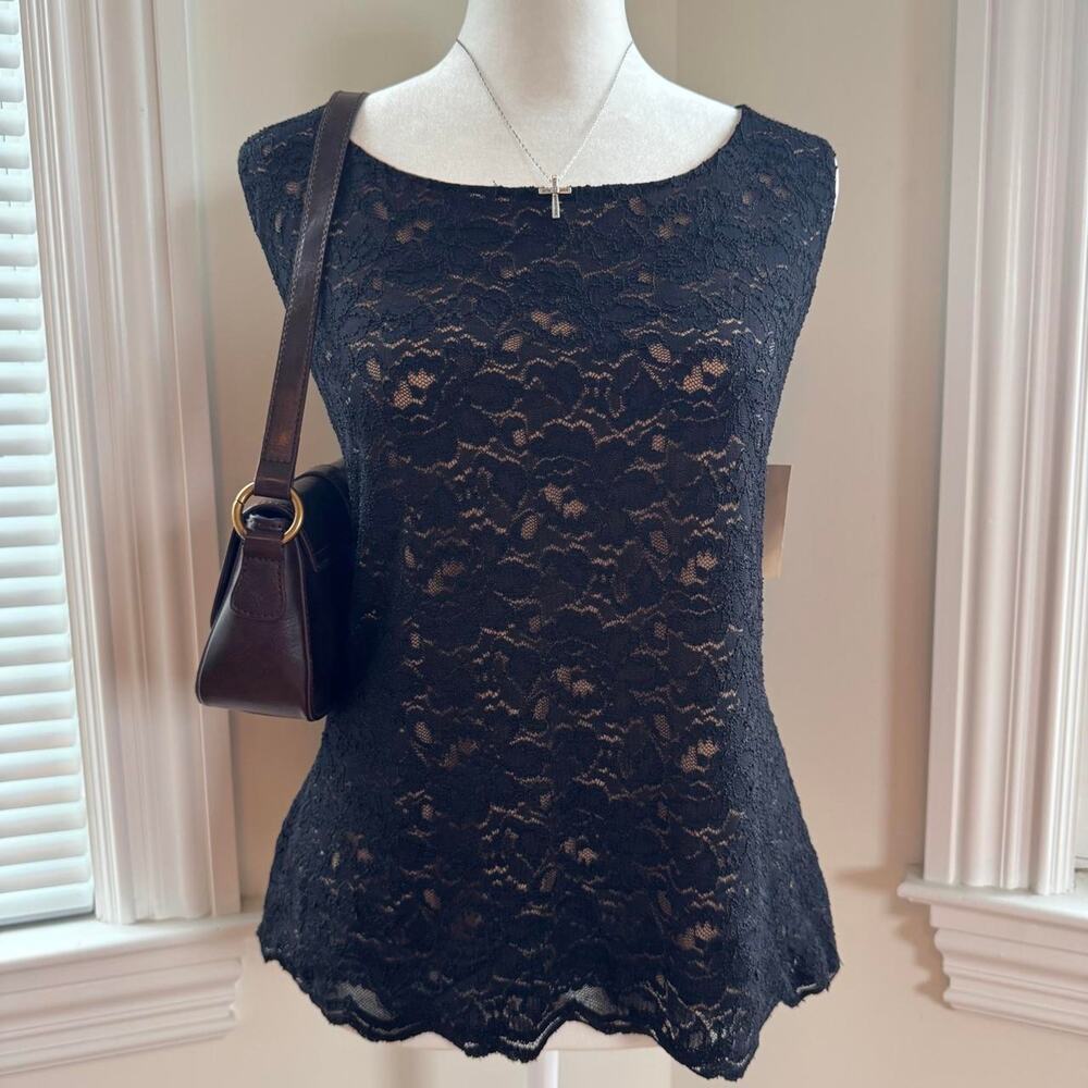 Cold water creek modern black lace curved tank top